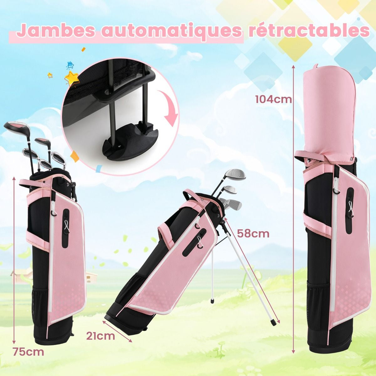 Ensemble Complet De Clubs De Golf Junior Pour Enfants De 11 À 13 Ans Driver #1 Hybride #5 Fers #7 #9 #S Et Putter Sac Trépied Avec Capuche Anti-Pluie Bleu/Rose/Vert