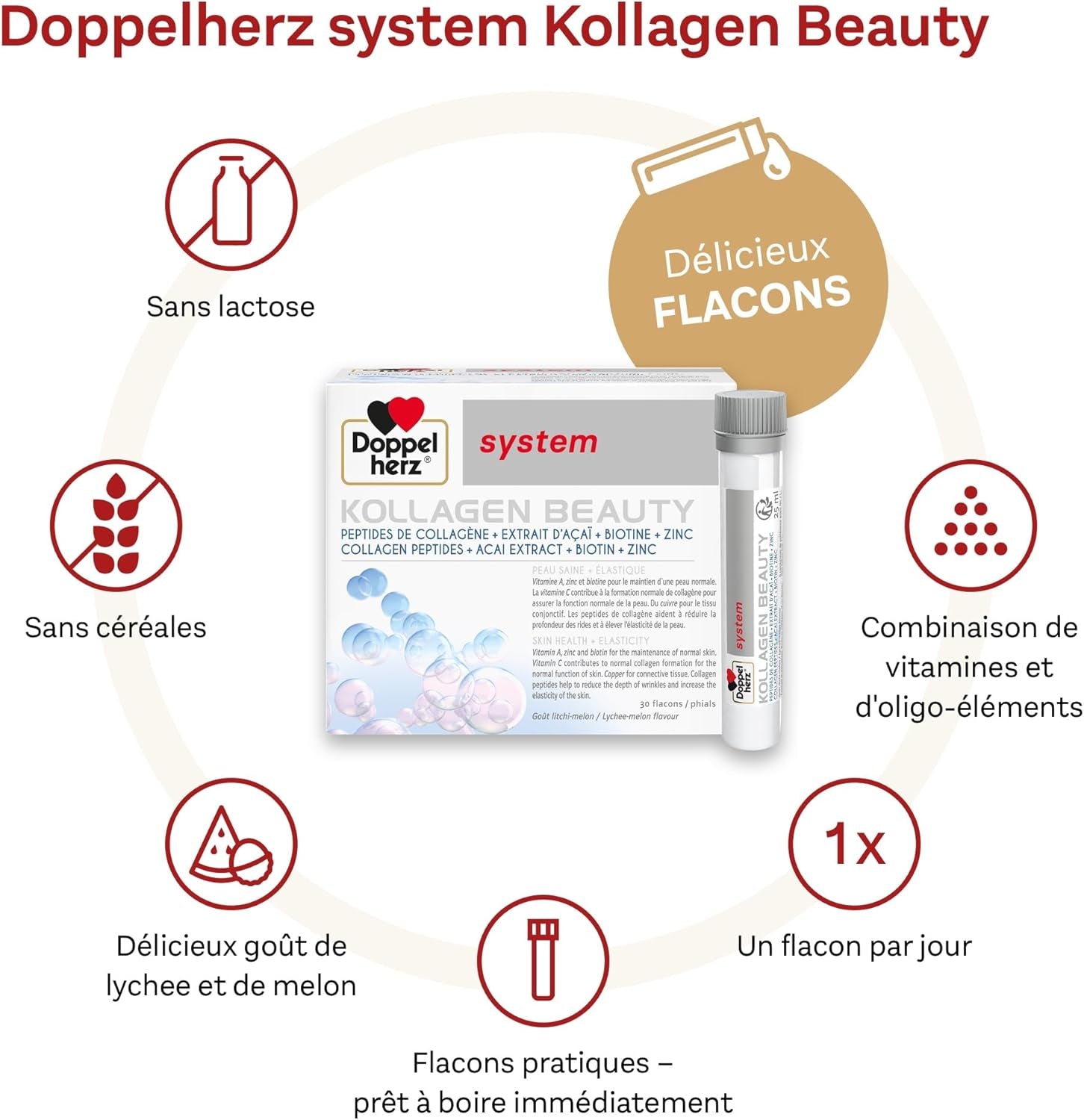 – Kollagen Beauty – Peptides De Collagène Pour Une Peau Saine Et plus Élastique – Extrait D'Açaï, Biotine Et Zinc – Goût Litchi-Melon – 30 Flacons De 25Ml