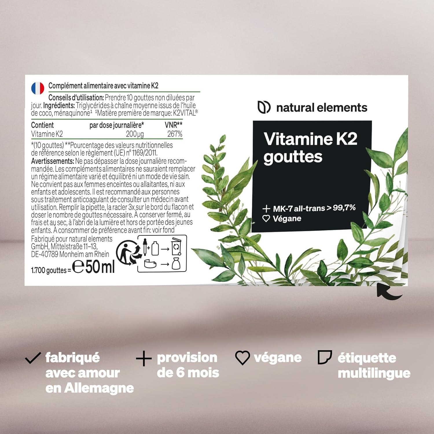 200 Μg De Vitamine K2 MK-7 – 1 700 Gouttes (50 Ml) – Teneur All-Trans >99,7% (K2VITAL® De Kappa) – Produit Testé En Laboratoire, Végan, Fortement Dosé