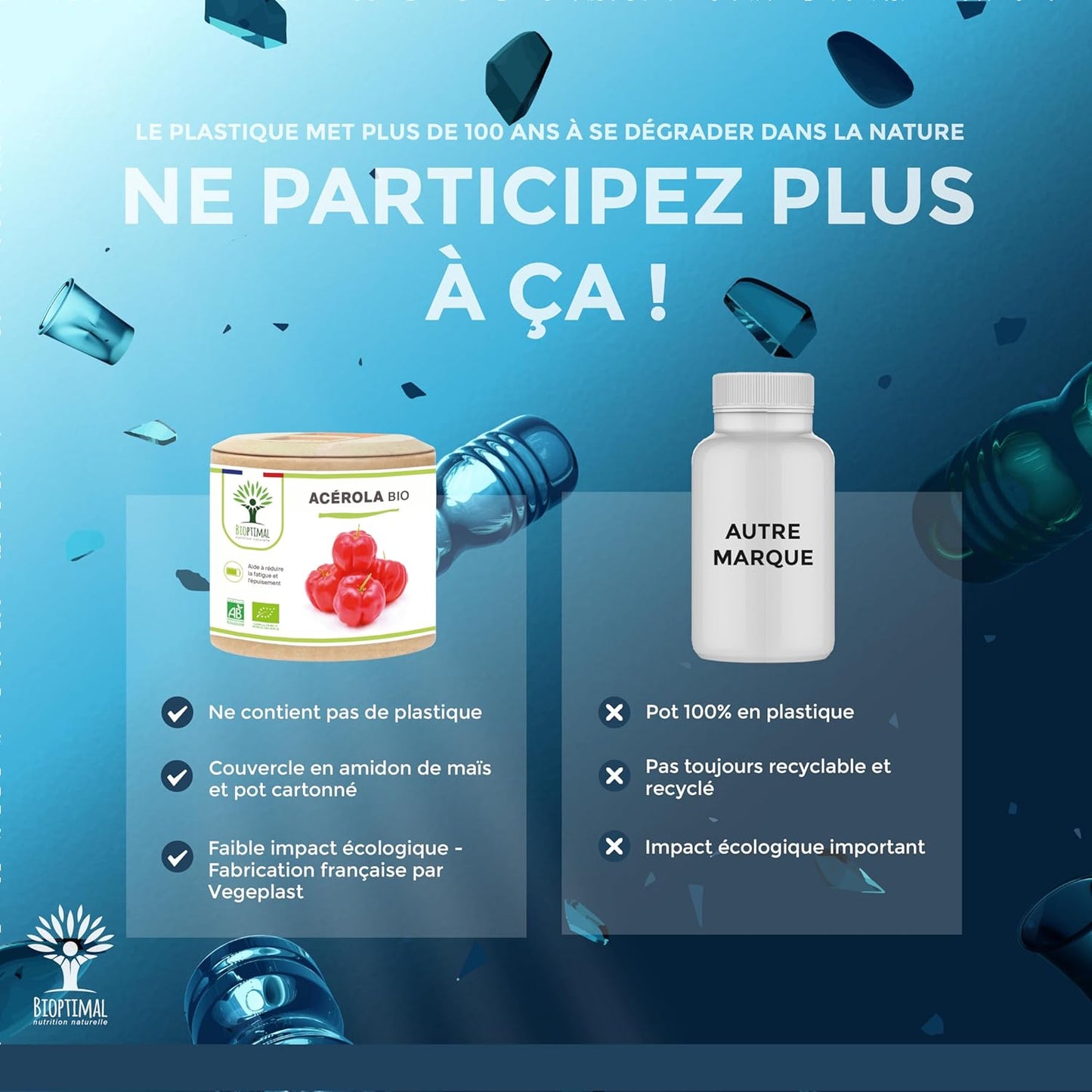 Acerola Bio - Bioptimal - Complément Alimentaire - Extrait D'Acérola En Gélule - 17% De Vitamine C Biodisponible - Anti-Fatigue Immunité - Fabriqué in France - Certifié Par Ecocert - 2 X 60 Gélules