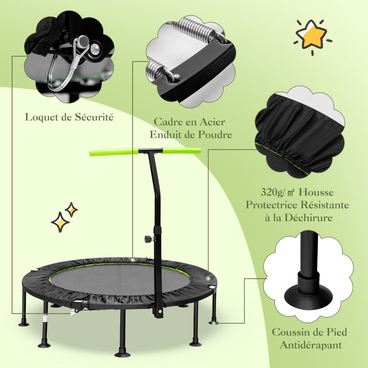 Mini Trampoline D'Intérieur Pliable Ø110Cm Avec Poignée Réglable En Hauteur Trampoline De Fitnesss Avec Tapis De Saut En PP Charge 100Kg Orange/Vert