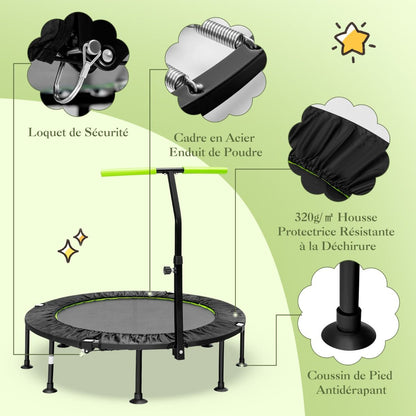 Mini Trampoline D'Intérieur Pliable Ø110Cm Avec Poignée Réglable En Hauteur Trampoline De Fitnesss Avec Tapis De Saut En PP Charge 100Kg Orange/Vert