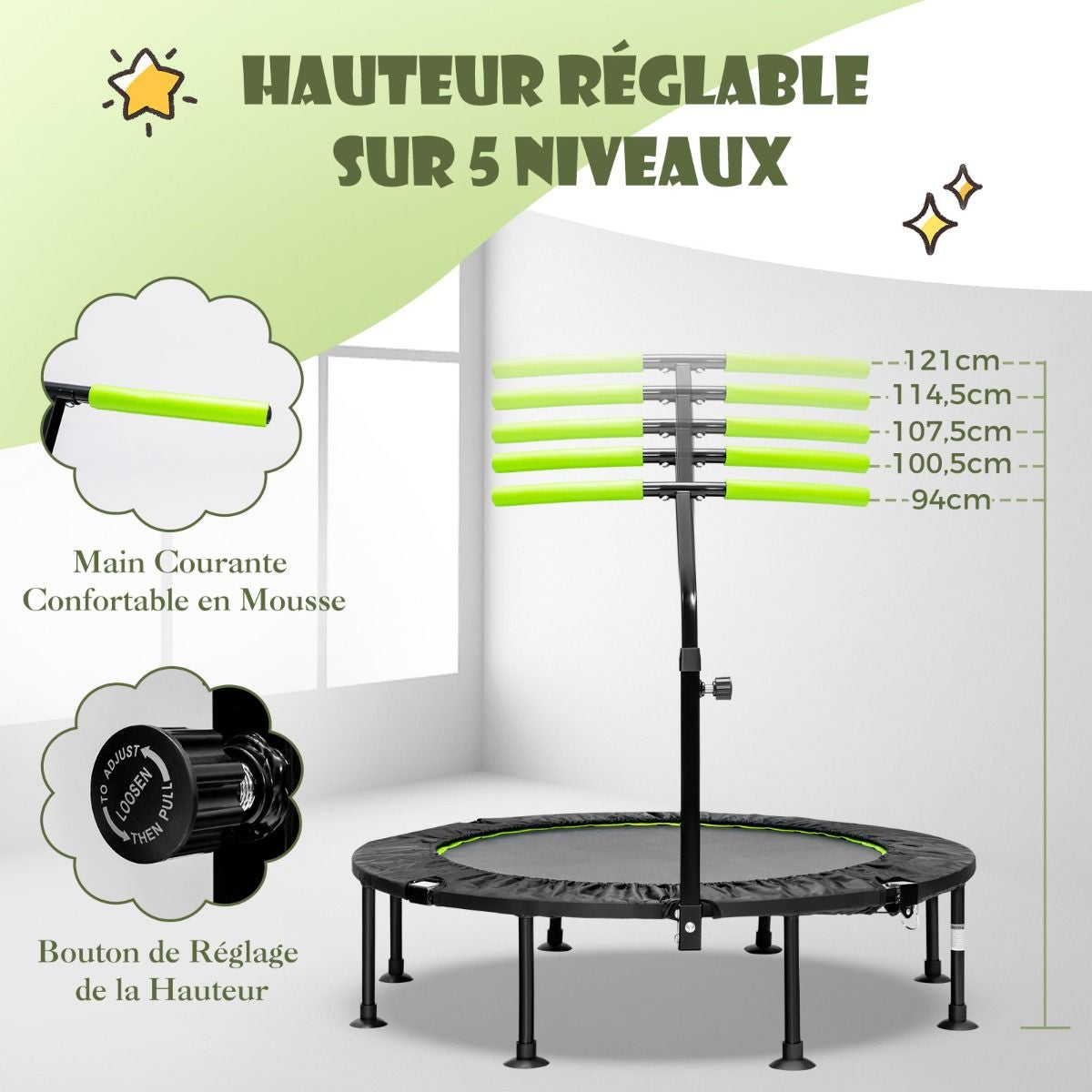 Mini Trampoline D'Intérieur Pliable Ø110Cm Avec Poignée Réglable En Hauteur Trampoline De Fitnesss Avec Tapis De Saut En PP Charge 100Kg Orange/Vert