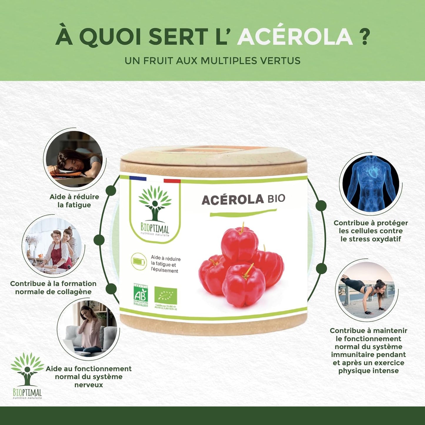 Acerola Bio - Bioptimal - Complément Alimentaire - Extrait D'Acérola En Gélule - 17% De Vitamine C Biodisponible - Anti-Fatigue Immunité - Fabriqué in France - Certifié Par Ecocert - 2 X 60 Gélules
