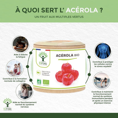 Acerola Bio - Bioptimal - Complément Alimentaire - Extrait D'Acérola En Gélule - 17% De Vitamine C Biodisponible - Anti-Fatigue Immunité - Fabriqué in France - Certifié Par Ecocert - 2 X 60 Gélules
