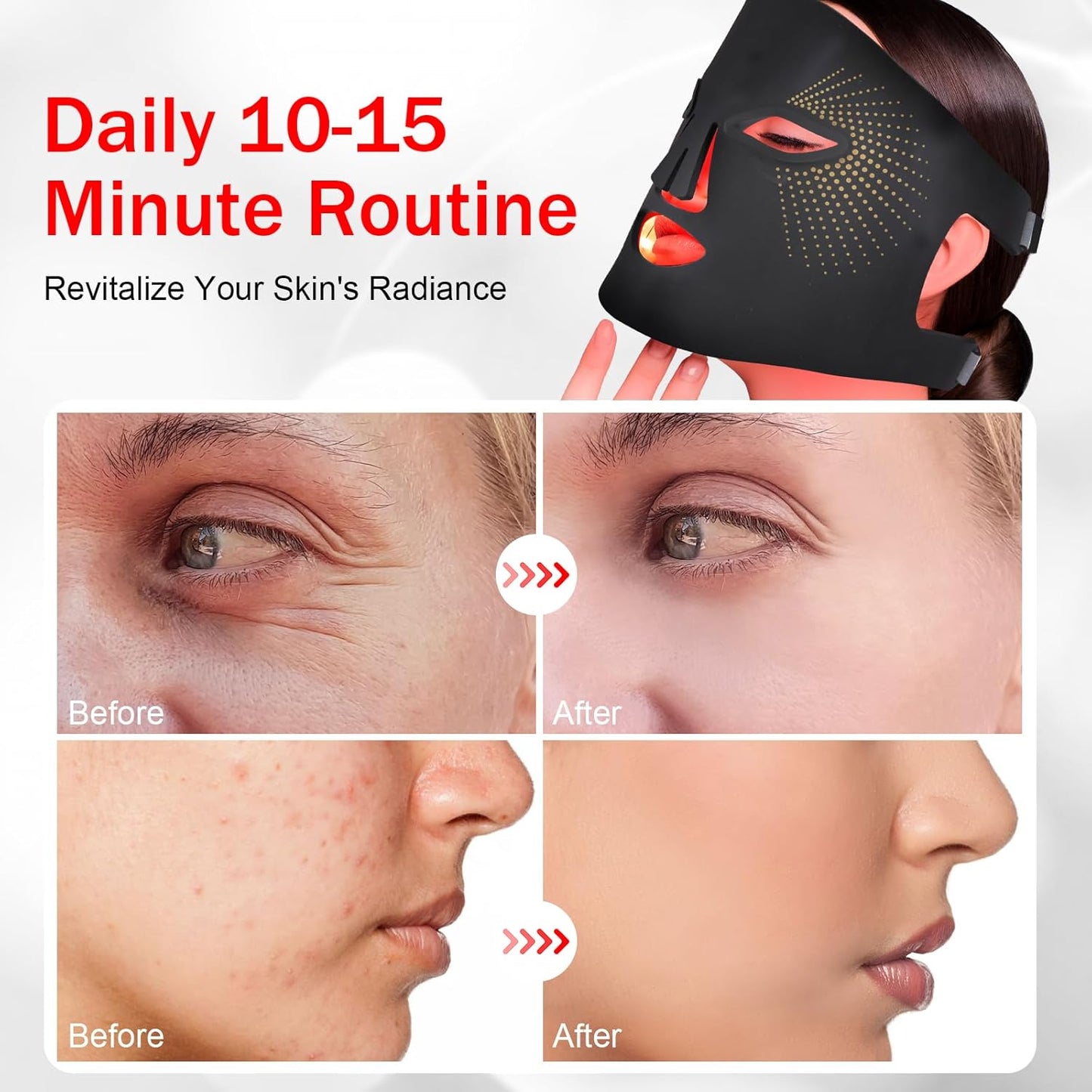 Masque Led Visage Luminothérapie, 3 Couleurs Masque Led Masque Visage, Masque Facial LED Convient À Tous Les Types De Peau Aux Soins Du Visage Noir