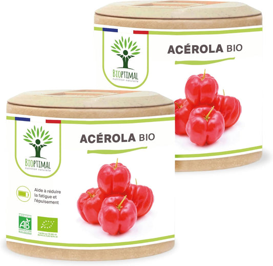 Acerola Bio - Bioptimal - Complément Alimentaire - Extrait D'Acérola En Gélule - 17% De Vitamine C Biodisponible - Anti-Fatigue Immunité - Fabriqué in France - Certifié Par Ecocert - 2 X 60 Gélules