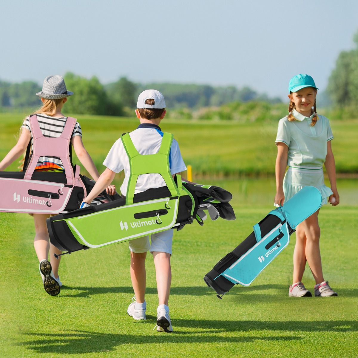 Ensemble Complet De Clubs De Golf Junior Pour Enfants De 11 À 13 Ans Driver #1 Hybride #5 Fers #7 #9 #S Et Putter Sac Trépied Avec Capuche Anti-Pluie Bleu/Rose/Vert