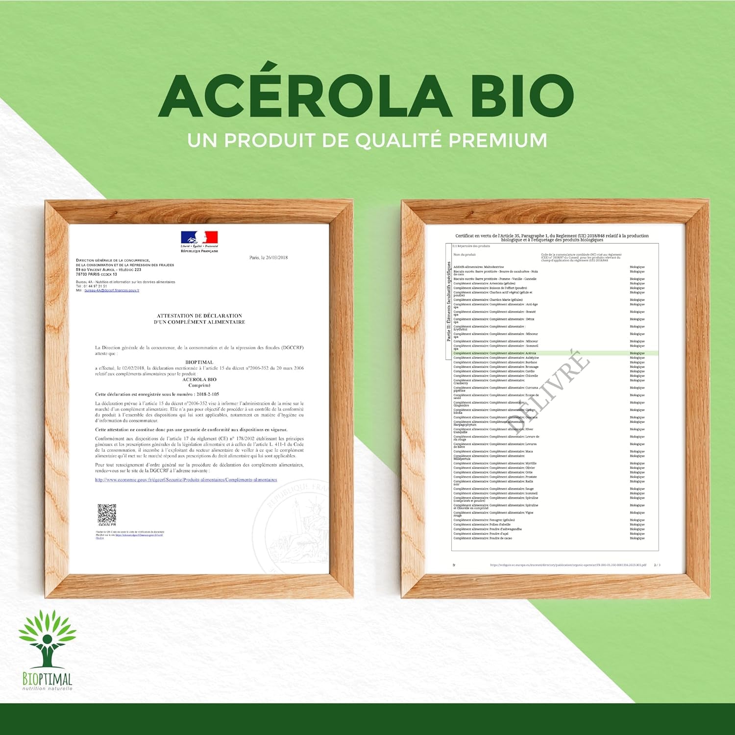 Acerola Bio - Bioptimal - Complément Alimentaire - Extrait D'Acérola En Gélule - 17% De Vitamine C Biodisponible - Anti-Fatigue Immunité - Fabriqué in France - Certifié Par Ecocert - 2 X 60 Gélules