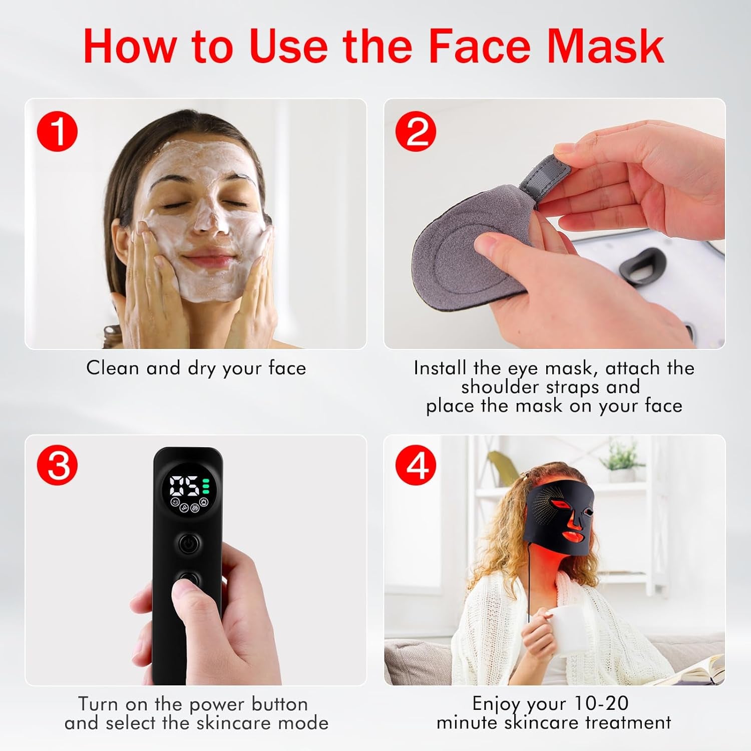 Masque Led Visage Luminothérapie, 3 Couleurs Masque Led Masque Visage, Masque Facial LED Convient À Tous Les Types De Peau Aux Soins Du Visage Noir