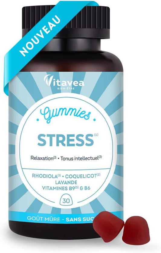 Vitavea Bien-Être - Gummies Stress Protect - Détente, Relaxation, Sérénité, Tonus Intellectuel - Sans Sucre - Rhodiola Rosea, Coquelicot, Lavande, Vitamines B9 & B6 - Vegan - 30 Gummies - 30 Jours