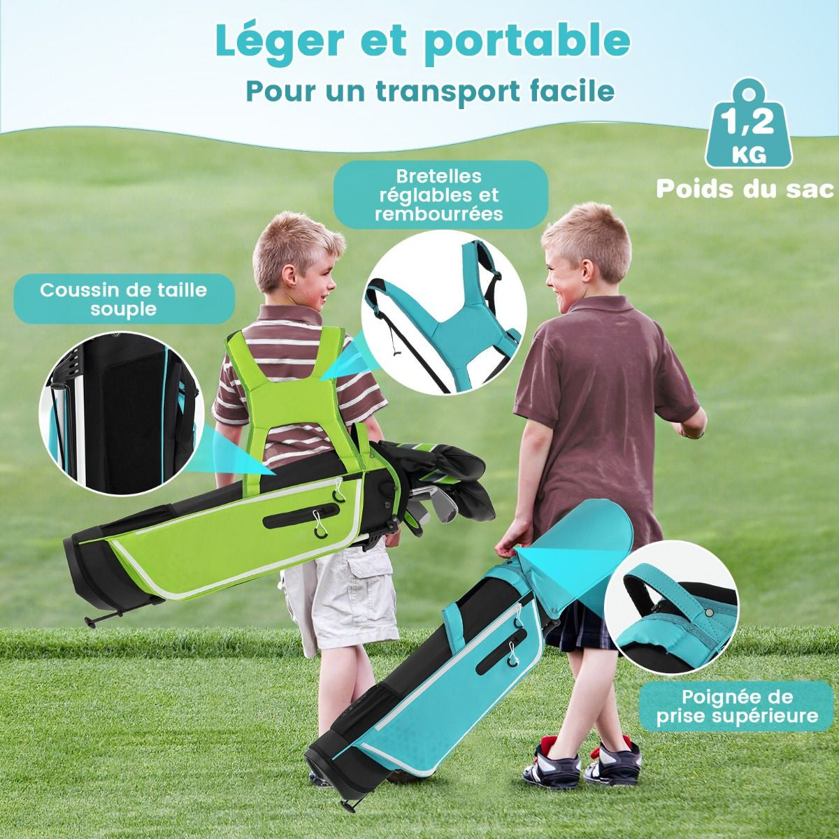 Ensemble Complet De Clubs De Golf Junior Pour Enfants De 11 À 13 Ans Driver #1 Hybride #5 Fers #7 #9 #S Et Putter Sac Trépied Avec Capuche Anti-Pluie Bleu/Rose/Vert