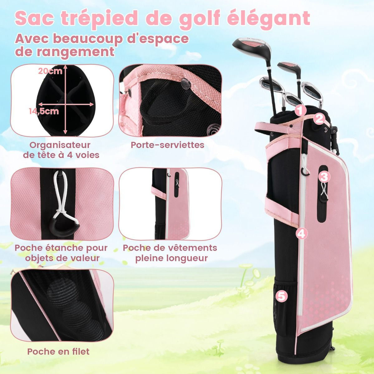 Ensemble Complet De Clubs De Golf Junior Pour Enfants De 11 À 13 Ans Driver #1 Hybride #5 Fers #7 #9 #S Et Putter Sac Trépied Avec Capuche Anti-Pluie Bleu/Rose/Vert