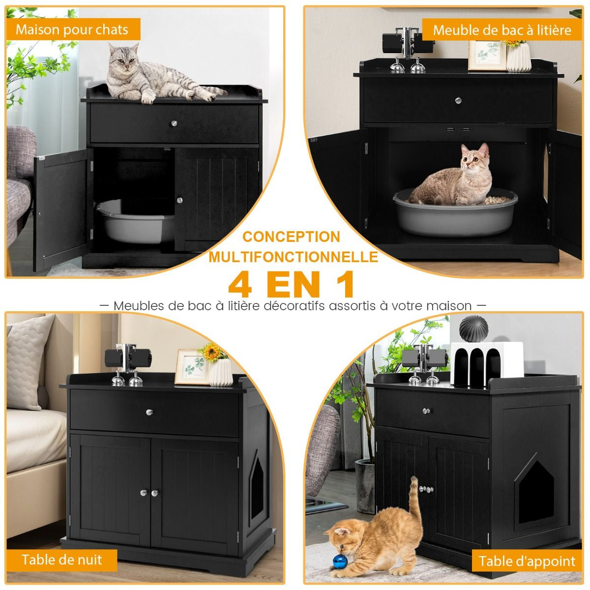 Enceinte De Bac À Litière Pour Chat Meubles De Toilette Cachés Pour Chat Avec Tiroir Et 2 Portes Table D'Appoint Pour Chat Blanc/Noir