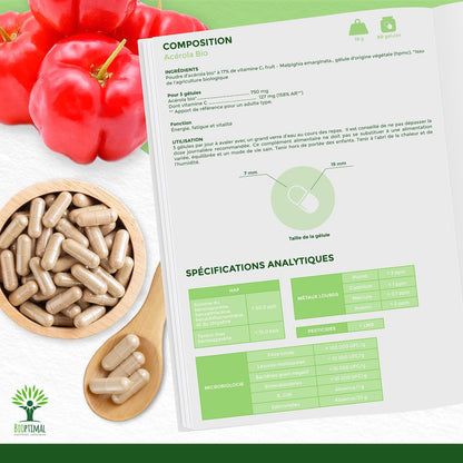 Acerola Bio - Bioptimal - Complément Alimentaire - Extrait D'Acérola En Gélule - 17% De Vitamine C Biodisponible - Anti-Fatigue Immunité - Fabriqué in France - Certifié Par Ecocert - 2 X 60 Gélules