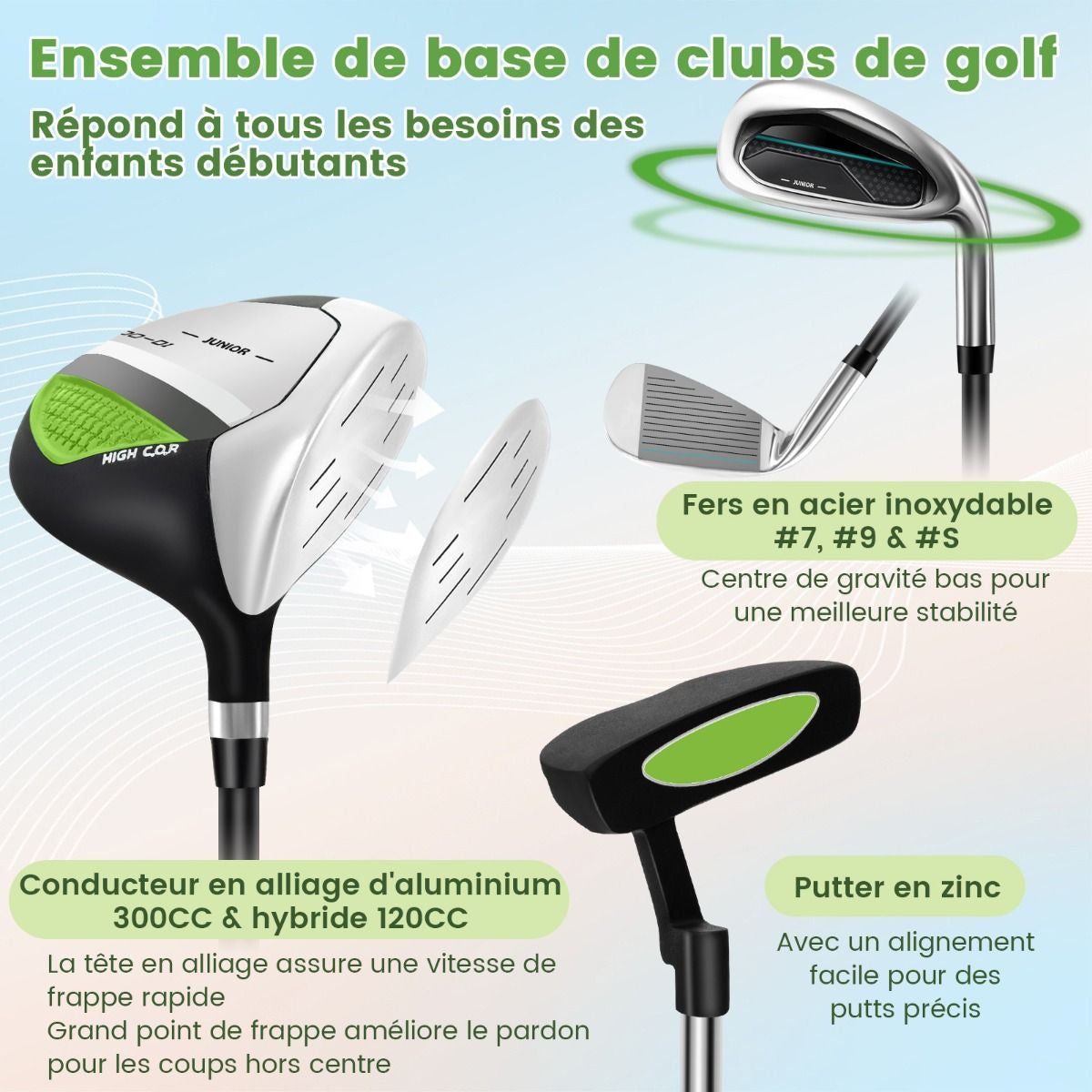 Ensemble Complet De Clubs De Golf Junior Pour Enfants De 11 À 13 Ans Driver #1 Hybride #5 Fers #7 #9 #S Et Putter Sac Trépied Avec Capuche Anti-Pluie Bleu/Rose/Vert