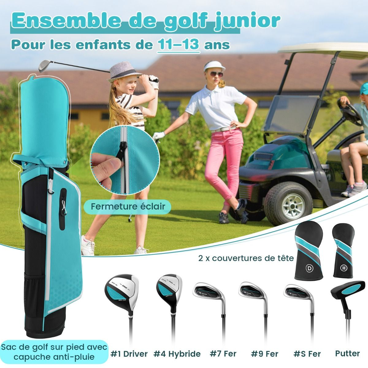 Ensemble Complet De Clubs De Golf Junior Pour Enfants De 11 À 13 Ans Driver #1 Hybride #5 Fers #7 #9 #S Et Putter Sac Trépied Avec Capuche Anti-Pluie Bleu/Rose/Vert