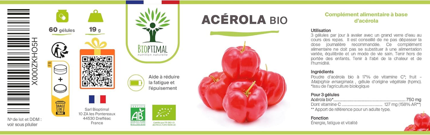 Acerola Bio - Bioptimal - Complément Alimentaire - Extrait D'Acérola En Gélule - 17% De Vitamine C Biodisponible - Anti-Fatigue Immunité - Fabriqué in France - Certifié Par Ecocert - 2 X 60 Gélules