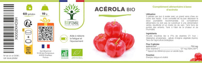 Acerola Bio - Bioptimal - Complément Alimentaire - Extrait D'Acérola En Gélule - 17% De Vitamine C Biodisponible - Anti-Fatigue Immunité - Fabriqué in France - Certifié Par Ecocert - 2 X 60 Gélules