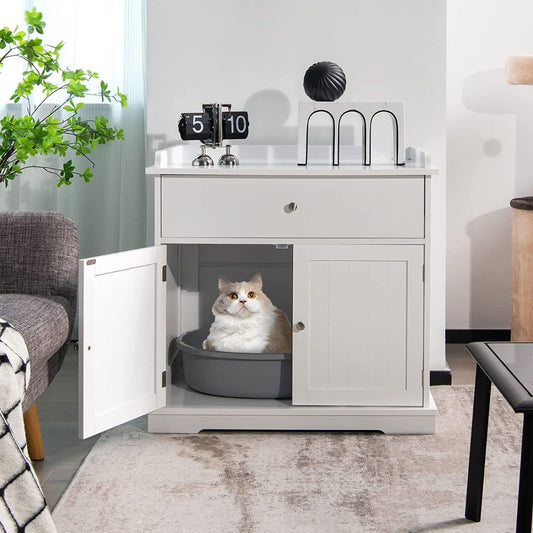 Enceinte De Bac À Litière Pour Chat Meubles De Toilette Cachés Pour Chat Avec Tiroir Et 2 Portes Table D'Appoint Pour Chat Blanc/Noir