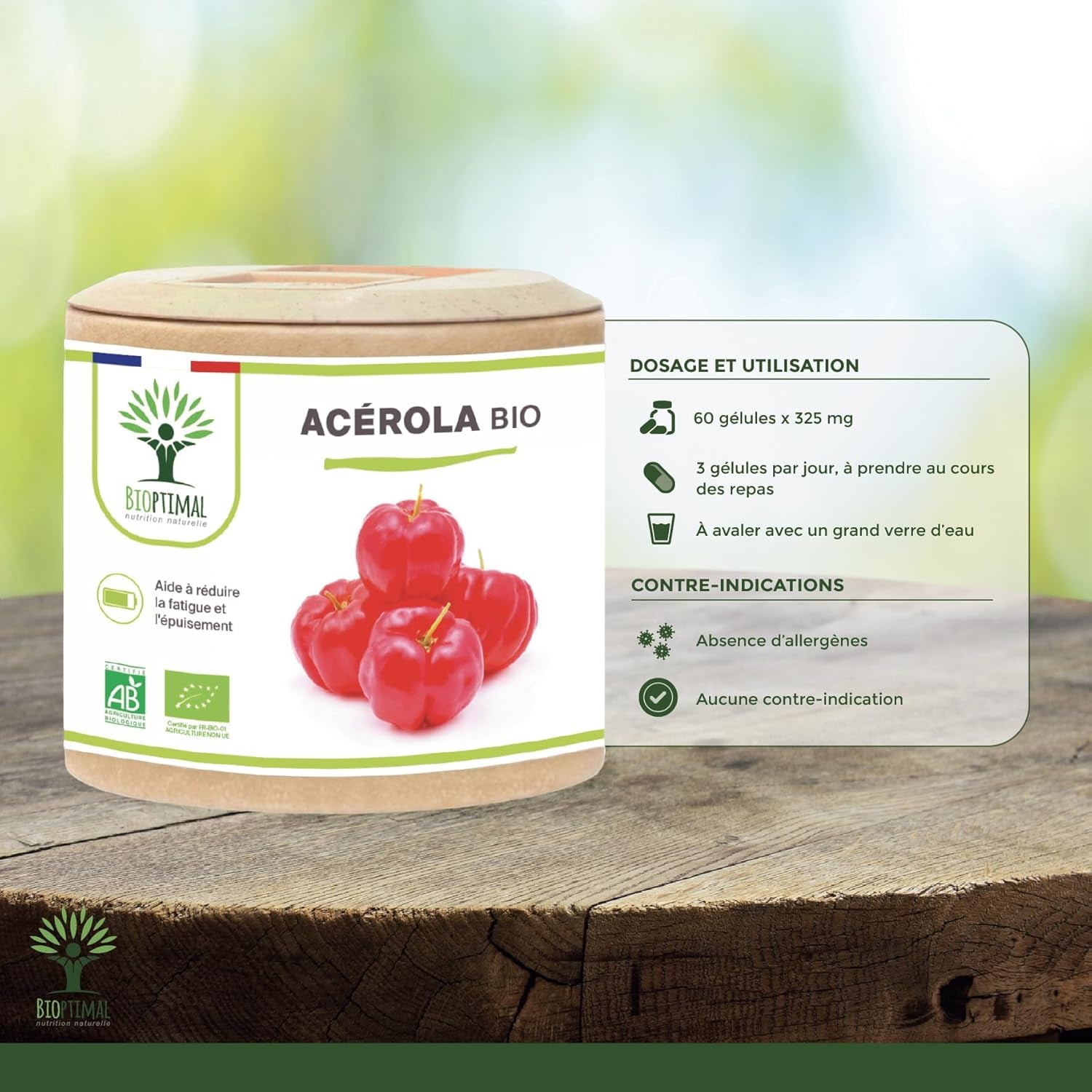 Acerola Bio - Bioptimal - Complément Alimentaire - Extrait D'Acérola En Gélule - 17% De Vitamine C Biodisponible - Anti-Fatigue Immunité - Fabriqué in France - Certifié Par Ecocert - 2 X 60 Gélules