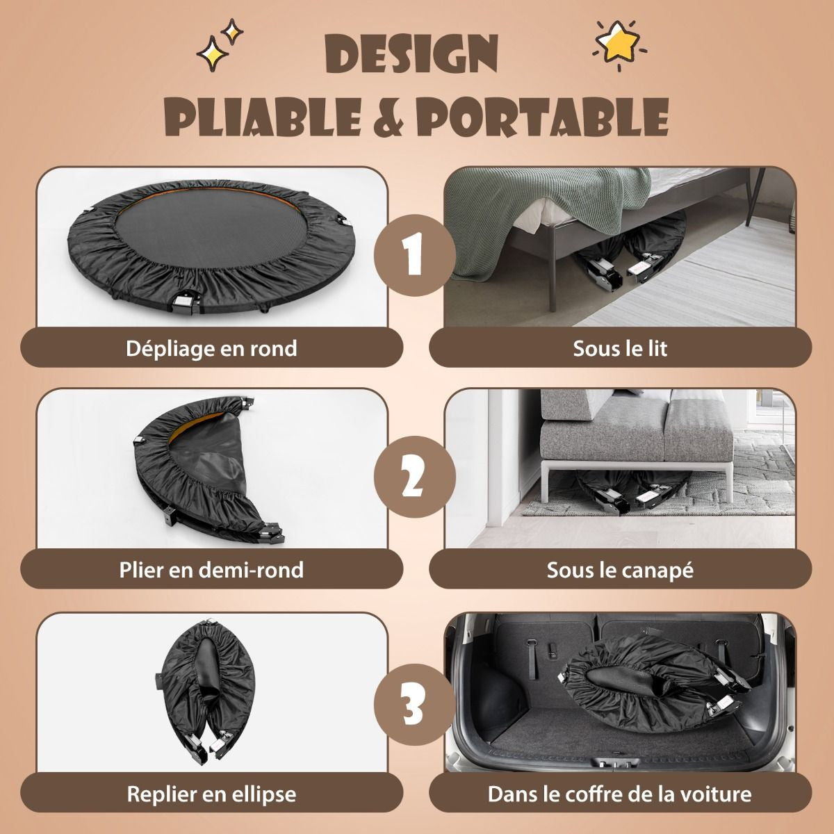 Mini Trampoline D'Intérieur Pliable Ø110Cm Avec Poignée Réglable En Hauteur Trampoline De Fitnesss Avec Tapis De Saut En PP Charge 100Kg Orange/Vert