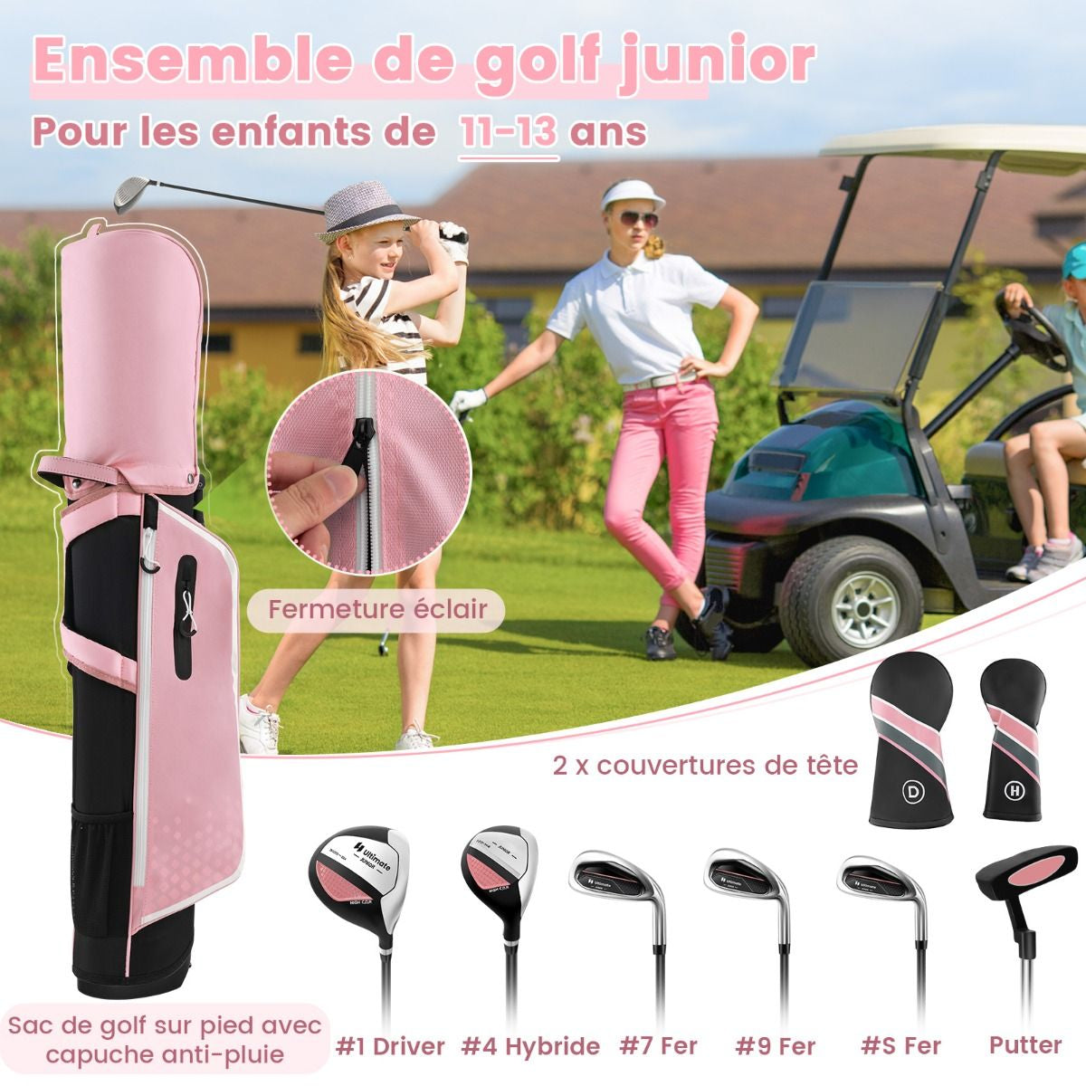 Ensemble Complet De Clubs De Golf Junior Pour Enfants De 11 À 13 Ans Driver #1 Hybride #5 Fers #7 #9 #S Et Putter Sac Trépied Avec Capuche Anti-Pluie Bleu/Rose/Vert