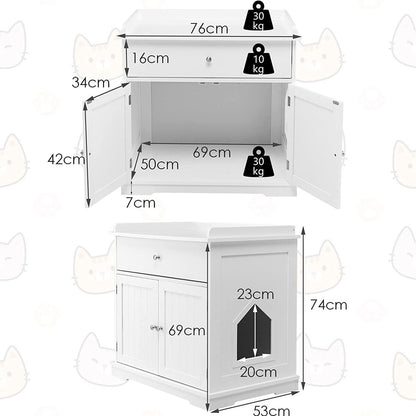 Enceinte De Bac À Litière Pour Chat Meubles De Toilette Cachés Pour Chat Avec Tiroir Et 2 Portes Table D'Appoint Pour Chat Blanc/Noir