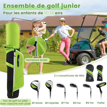 Ensemble Complet De Clubs De Golf Junior Pour Enfants De 11 À 13 Ans Driver #1 Hybride #5 Fers #7 #9 #S Et Putter Sac Trépied Avec Capuche Anti-Pluie Bleu/Rose/Vert