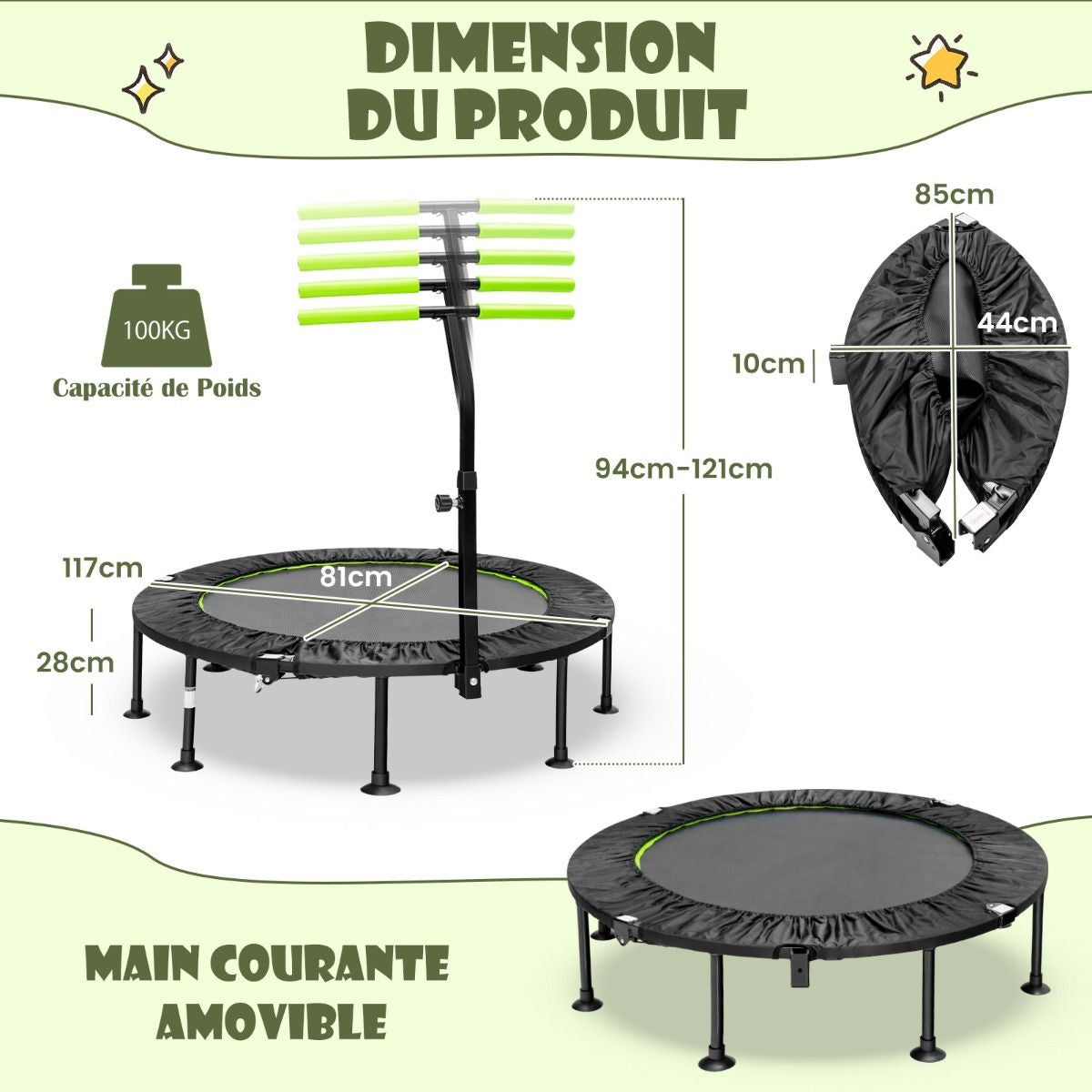 Mini Trampoline D'Intérieur Pliable Ø110Cm Avec Poignée Réglable En Hauteur Trampoline De Fitnesss Avec Tapis De Saut En PP Charge 100Kg Orange/Vert