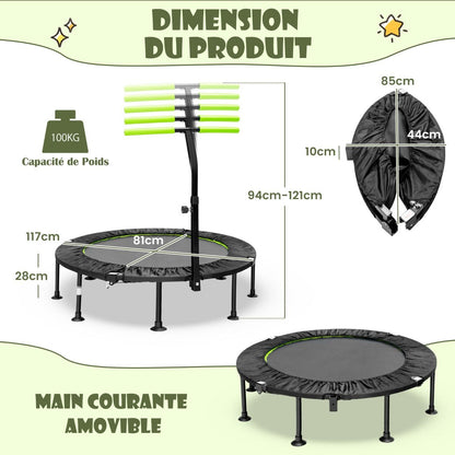 Mini Trampoline D'Intérieur Pliable Ø110Cm Avec Poignée Réglable En Hauteur Trampoline De Fitnesss Avec Tapis De Saut En PP Charge 100Kg Orange/Vert