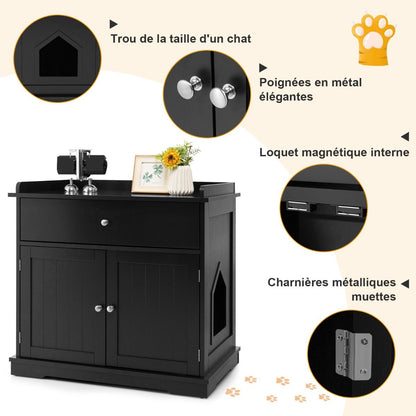 Enceinte De Bac À Litière Pour Chat Meubles De Toilette Cachés Pour Chat Avec Tiroir Et 2 Portes Table D'Appoint Pour Chat Blanc/Noir