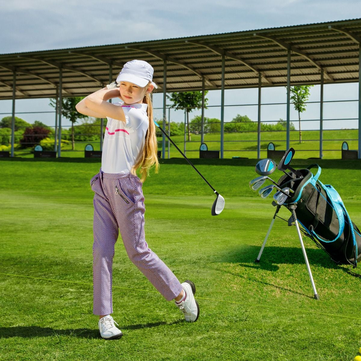 Ensemble Complet De Clubs De Golf Junior Pour Enfants De 11 À 13 Ans Driver #1 Hybride #5 Fers #7 #9 #S Et Putter Sac Trépied Avec Capuche Anti-Pluie Bleu/Rose/Vert