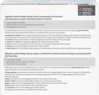 – Kollagen Beauty – Peptides De Collagène Pour Une Peau Saine Et plus Élastique – Extrait D'Açaï, Biotine Et Zinc – Goût Litchi-Melon – 30 Flacons De 25Ml