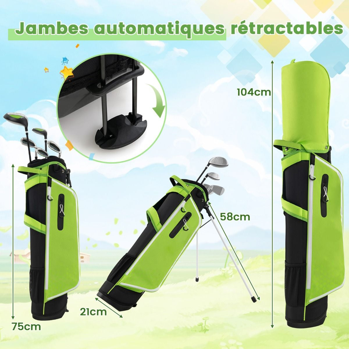 Ensemble Complet De Clubs De Golf Junior Pour Enfants De 11 À 13 Ans Driver #1 Hybride #5 Fers #7 #9 #S Et Putter Sac Trépied Avec Capuche Anti-Pluie Bleu/Rose/Vert